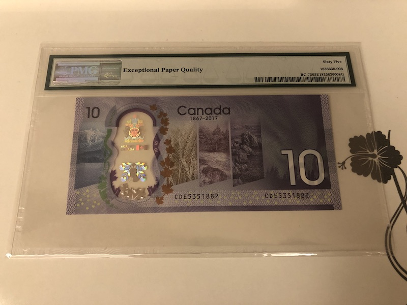 收藏联盟第九十一期拍卖 2017年加拿大10元塑料纪念钞 PMG65E S/N:CDE5351882