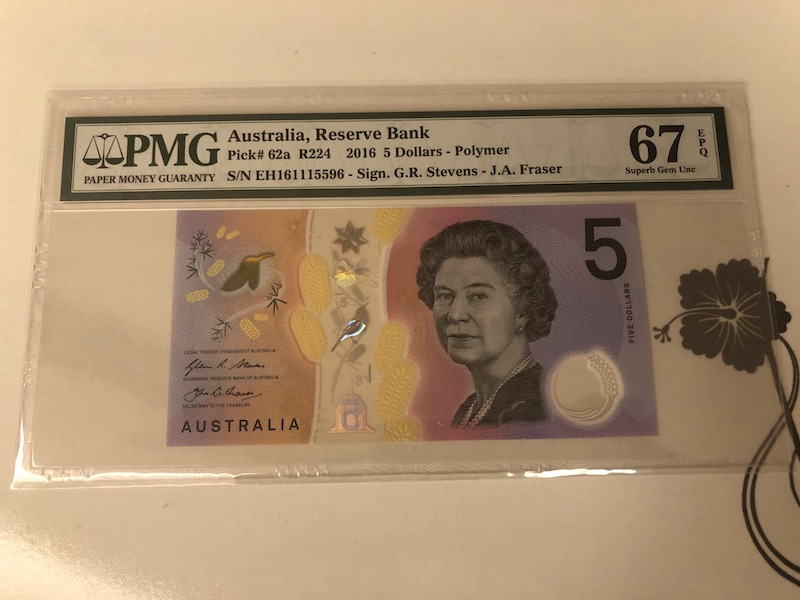 收藏联盟第九十一期拍卖 2016年澳大利亚5元 PMG67E S/N:EH161115596