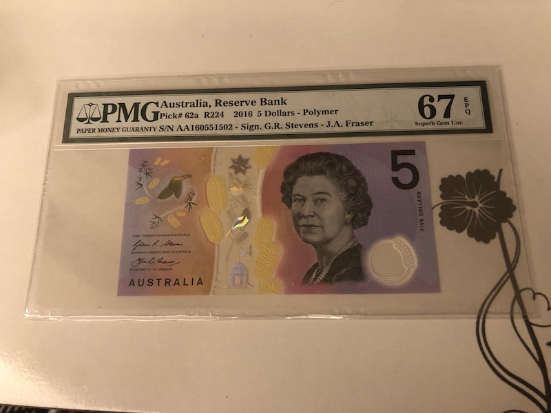 收藏联盟第九十一期拍卖 2016年澳大利亚5元 PMG67E S/N:AA160551502