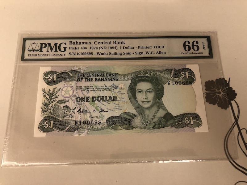 收藏联盟第九十一期拍卖 1974年巴哈马1元 PMG66E S/N:K109698