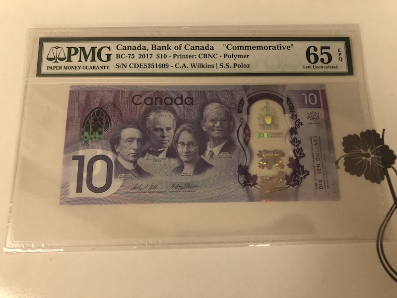 收藏联盟第九十一期拍卖 2017年加拿大10元纪念钞 PMG65E S/N:CDE5351609