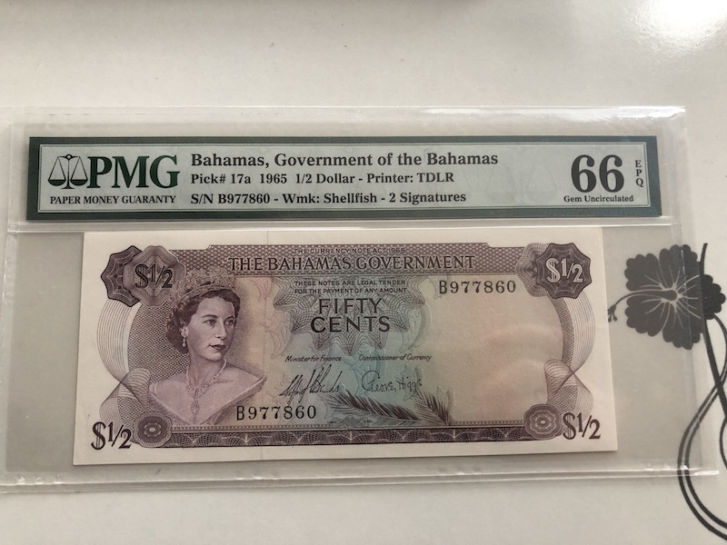 收藏联盟第九十一期拍卖 1965年巴哈马彩背版本1/2元 PMG66E S/N:B977860