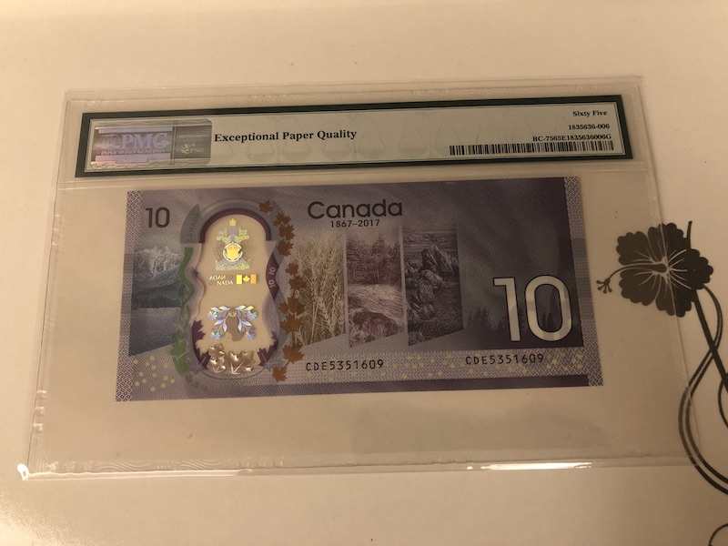 收藏联盟第九十一期拍卖 2017年加拿大10元纪念钞 PMG65E S/N:CDE5351609