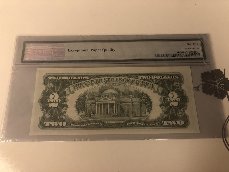 收藏联盟第九十一期拍卖 1963年美国红库印2元 PMG65E S/N:A16928225A