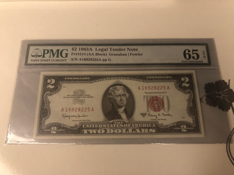 收藏联盟第九十一期拍卖 1963年美国红库印2元 PMG65E S/N:A16928225A