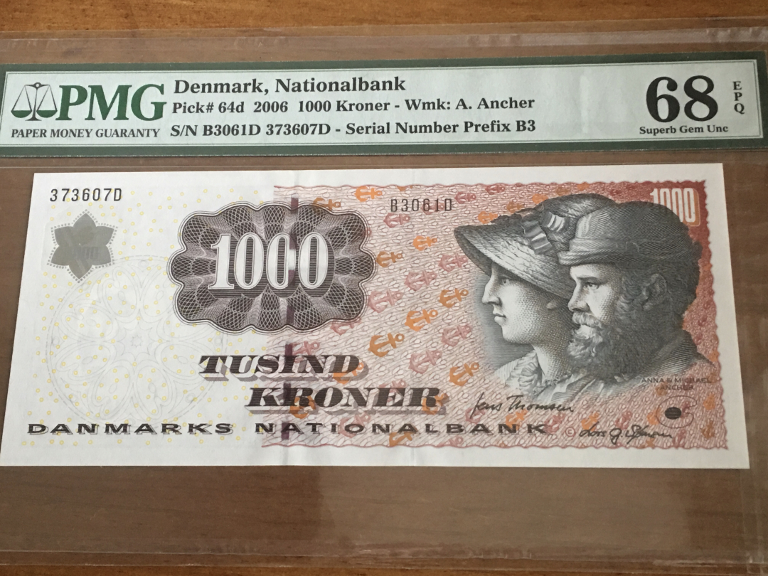 收藏联盟第九十一期拍卖 丹麦浮雕版1000马克 PMG68E亚军分 