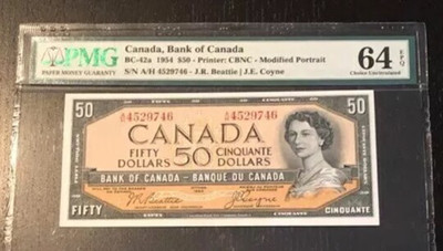 【Blue Auction】世界纸币精拍第十二期（金银币、古玩混场） - 加拿大 1954年 50元 pmg64E  unc品相 原票 性价比 女王经典 最少面值 