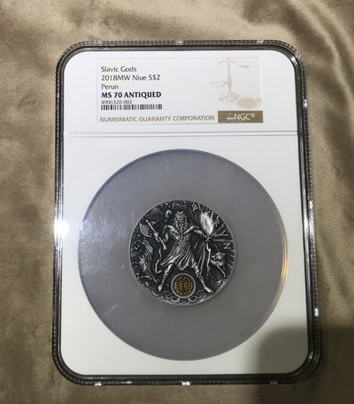 【随心拍&GetCoin】现代金银币拍卖第二十五期 纽埃2018年斯拉夫之神系列雷神佩龙镶嵌木头银币NGC70