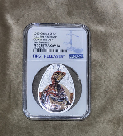 【随心拍&GetCoin】现代金银币拍卖第二十五期 加拿大2019年恐龙蛋系列孵化的鸭嘴龙夜光银币NGC70