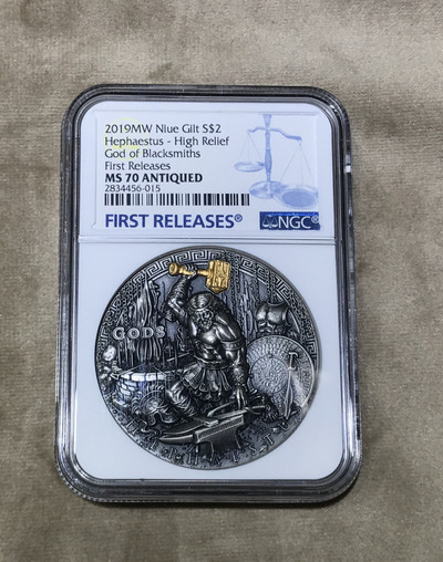 【随心拍&GetCoin】现代金银币拍卖第二十五期 纽埃2019年众神3火神赫准斯托斯超高浮雕镀银币NGC70