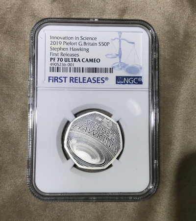 【随心拍&GetCoin】现代金银币拍卖第二十五期 英国2019年霍金黑洞50便士加厚精制纪念银币NGC70