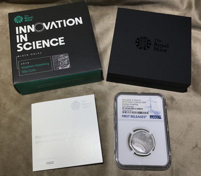 【随心拍&GetCoin】现代金银币拍卖第二十五期 英国2019年霍金黑洞50便士加厚精制纪念银币NGC70
