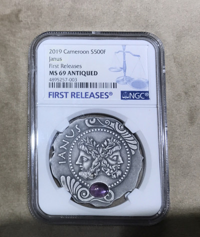 【随心拍&GetCoin】现代金银币拍卖第二十五期 喀麦隆2019年古罗马门神和保护神雅努斯镶水晶银币NGC69