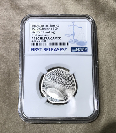 【随心拍&GetCoin】现代金银币拍卖第二十五期 英国2019年霍金黑洞50便士8克精制纪念银币NGC70