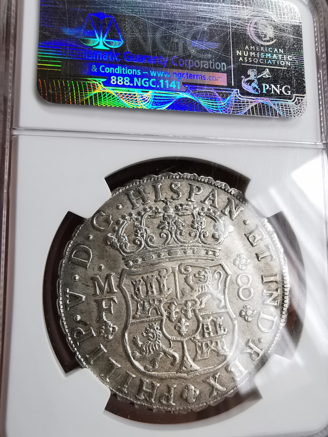 凡希社世界钱币微拍第九十三期 稀！1744墨西哥菲力五世地球双柱NGC-MS62罕见品