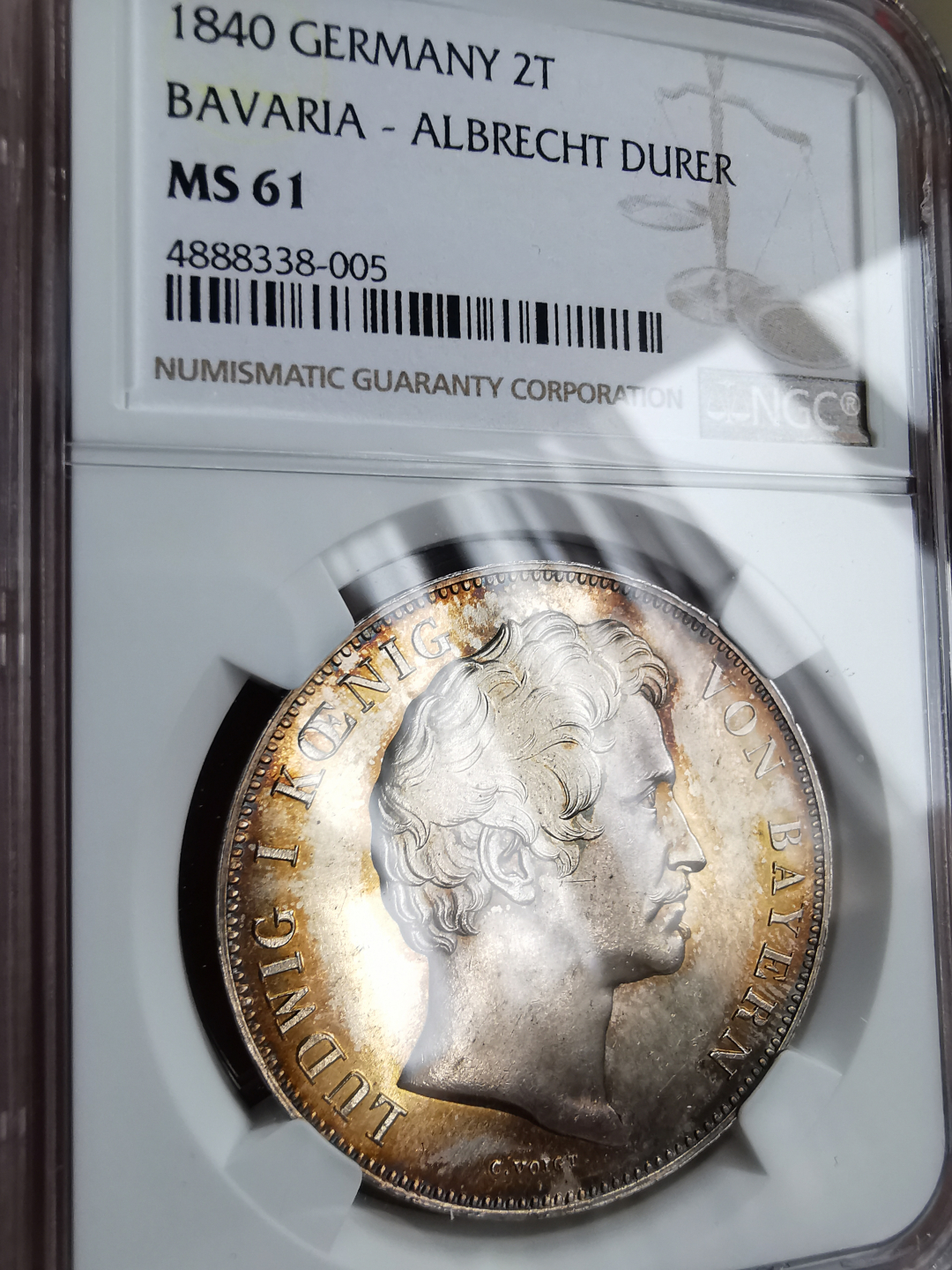 凡希社世界钱币微拍第九十三期 荐！1840巴伐利亚丢勒纪念两泰勒大银NGC-MS61
