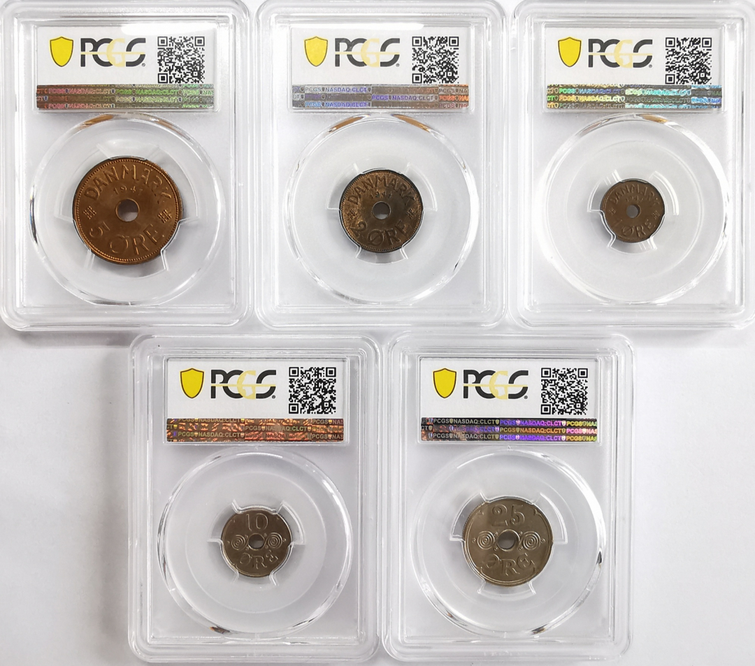 凡希社世界钱币微拍第九十三期 稀！1941法罗群岛五枚套PCGS-MS63/65三枚铜币最高分