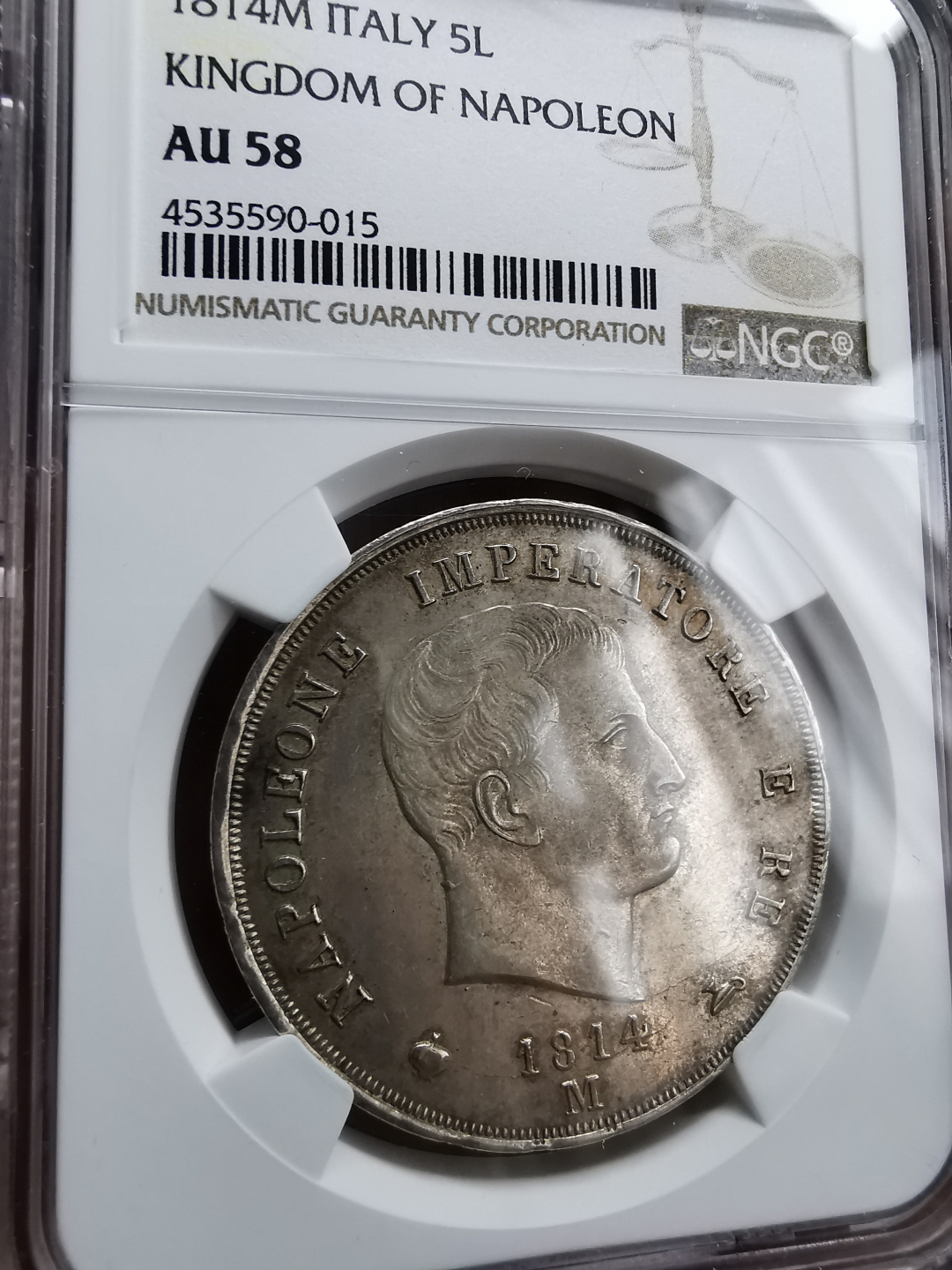 凡希社世界钱币微拍第九十三期 稀！1814M意大利王国波拿巴5里拉NGC-AU58稀有年份