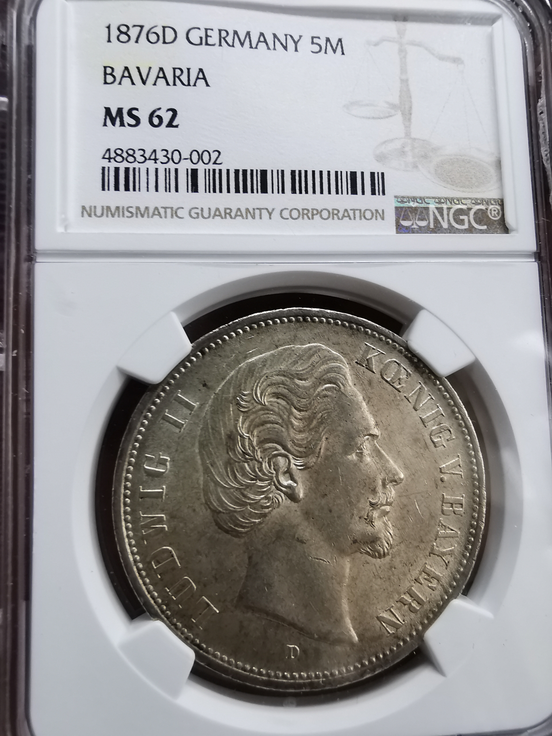 凡希社世界钱币微拍第九十三期 荐！1876D巴伐利亚短翅5马克NGC-MS62
