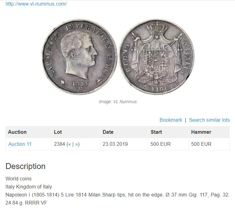 凡希社世界钱币微拍第九十三期 稀！1814M意大利王国波拿巴5里拉NGC-AU58稀有年份