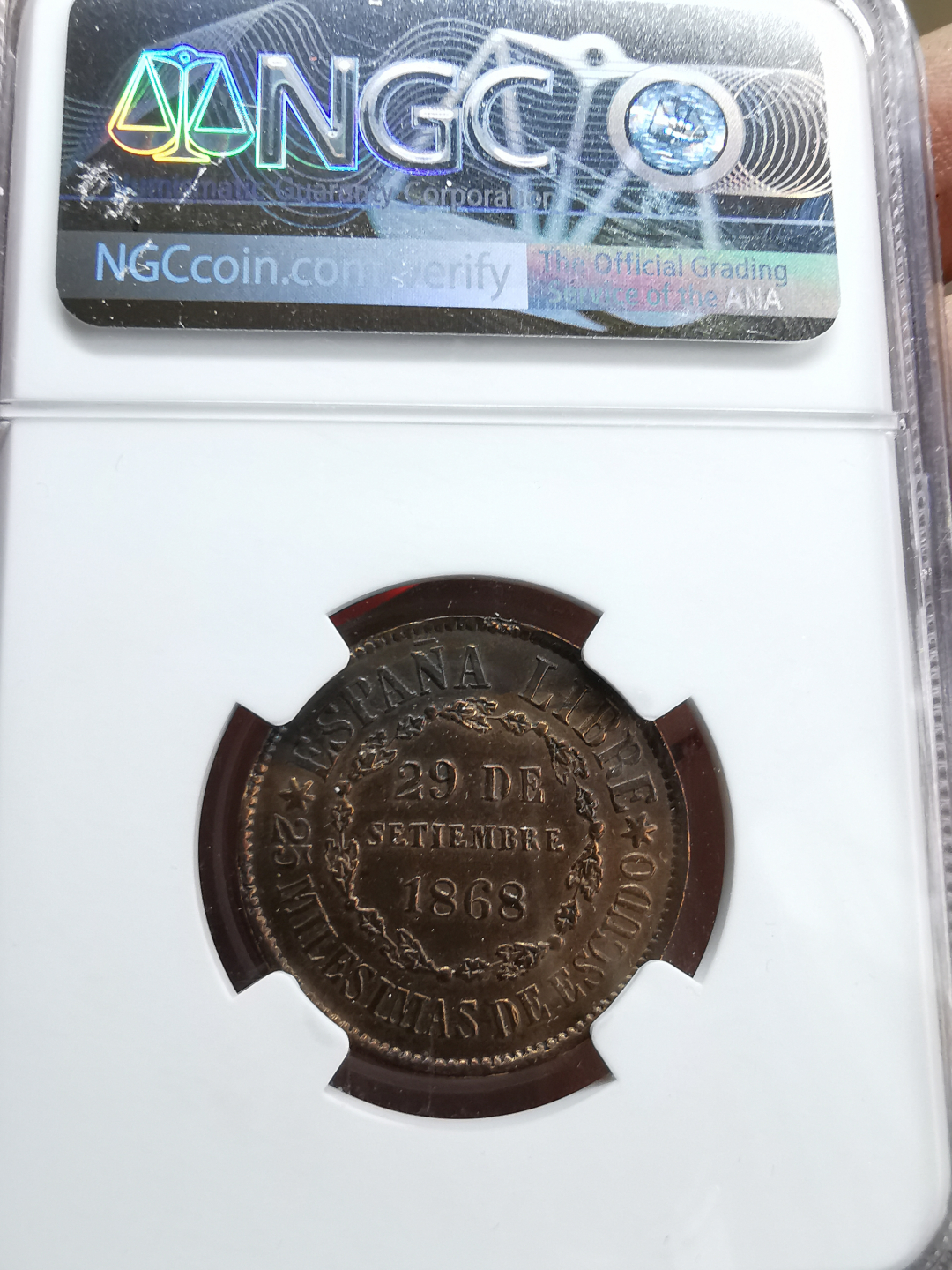 凡希社世界钱币微拍第九十三期 稀！1868西班牙临时政府25M铜NGC-MS62