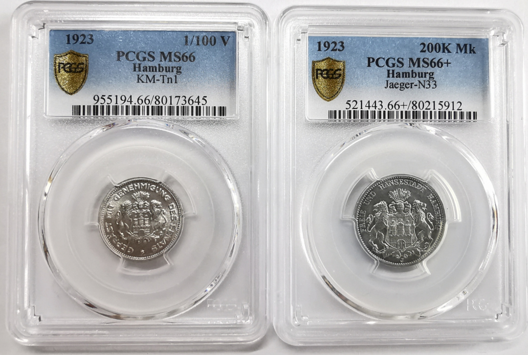 凡希社世界钱币微拍第九十三期 1923汉堡自由市紧急状态马克一对PCGS-MS66/66+