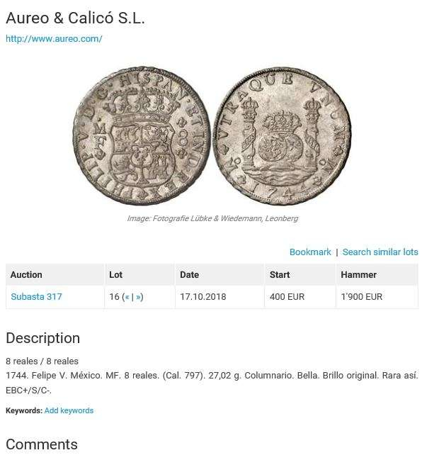 凡希社世界钱币微拍第九十三期 稀！1744墨西哥菲力五世地球双柱NGC-MS62罕见品