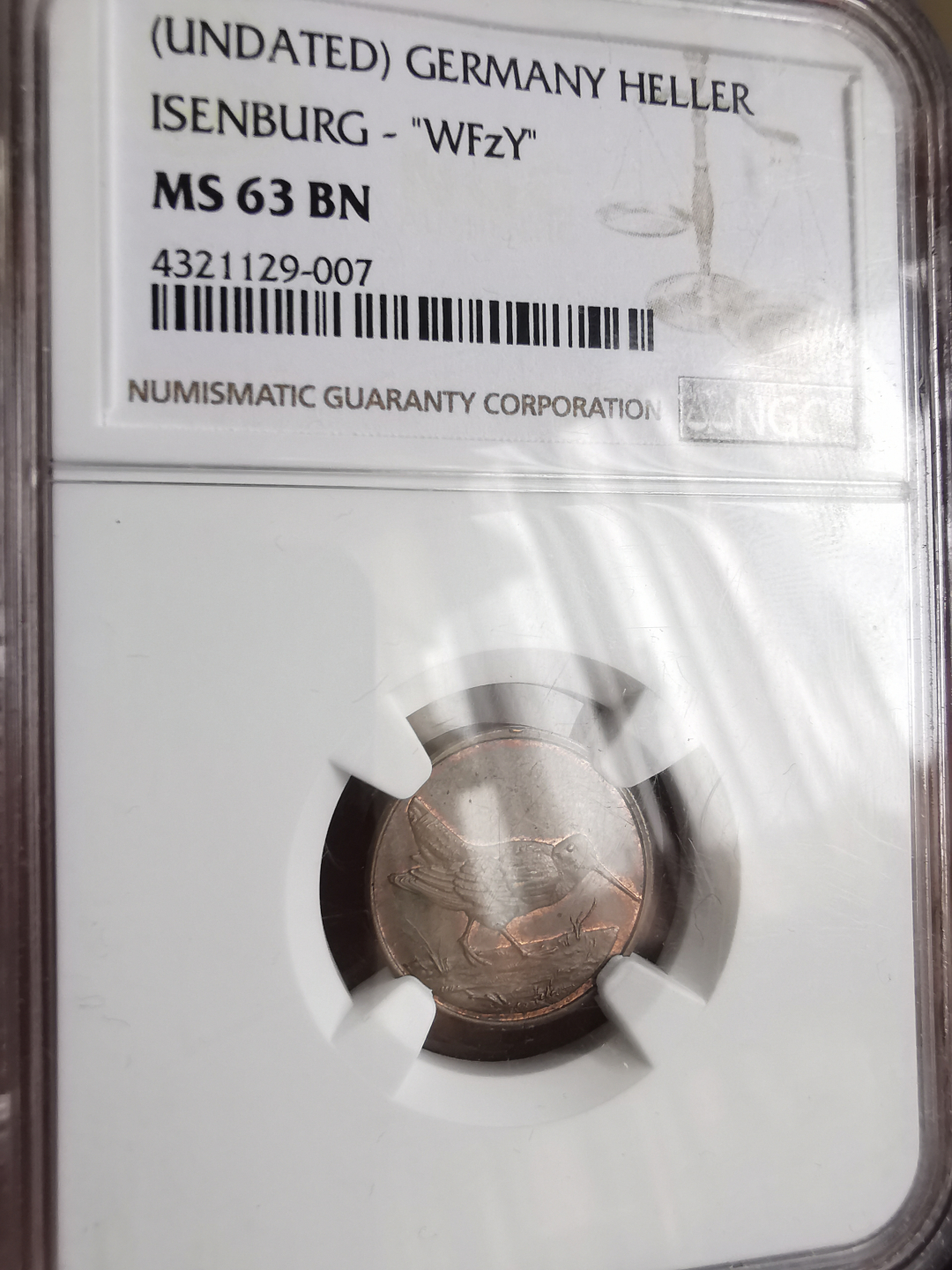 凡希社世界钱币微拍第九十三期 德国艾森伯格小鸟HELLER铜NGC-MS63