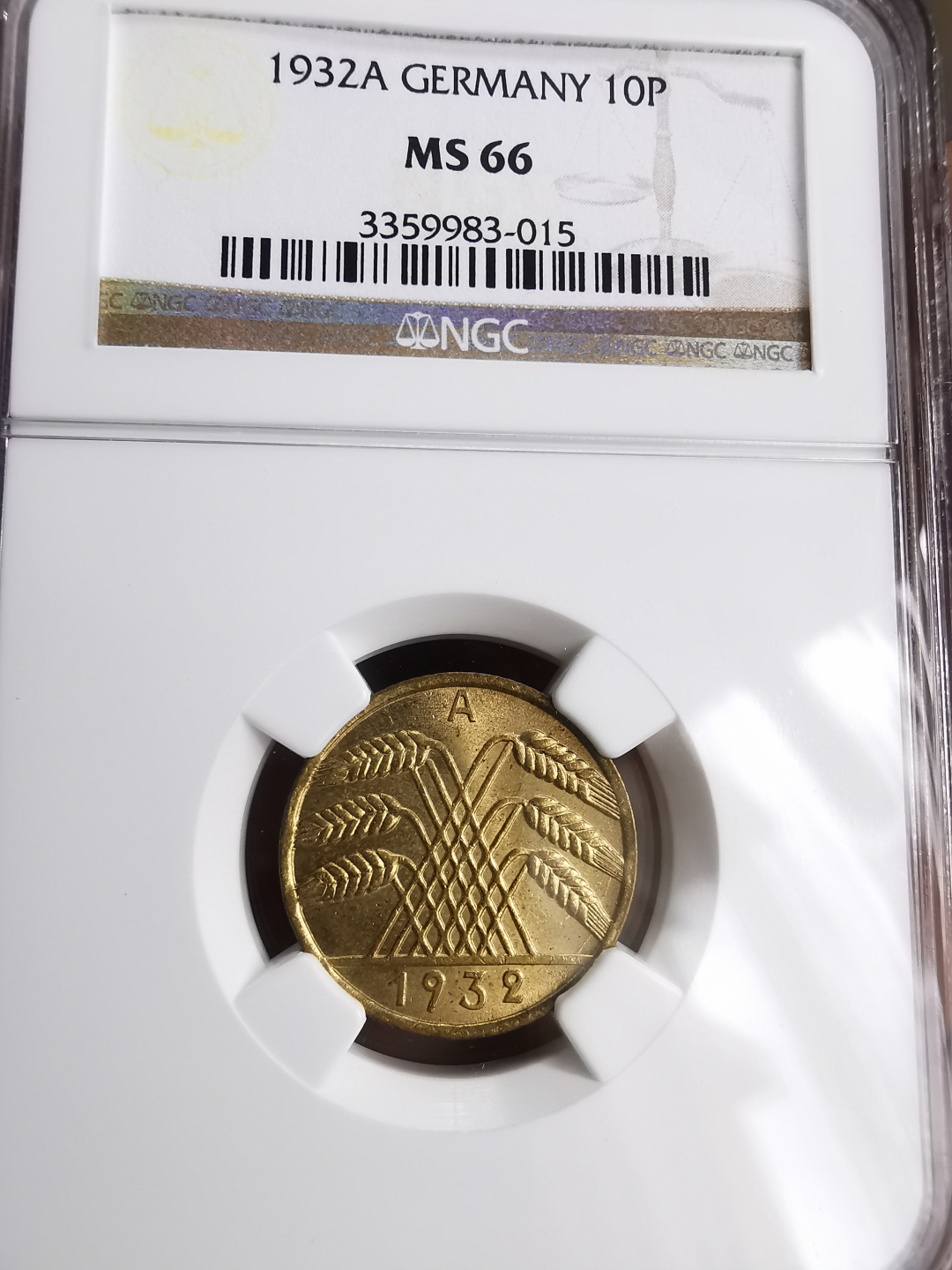 凡希社世界钱币微拍第九十三期 1932A魏玛共和国10芬尼NGC-MS66