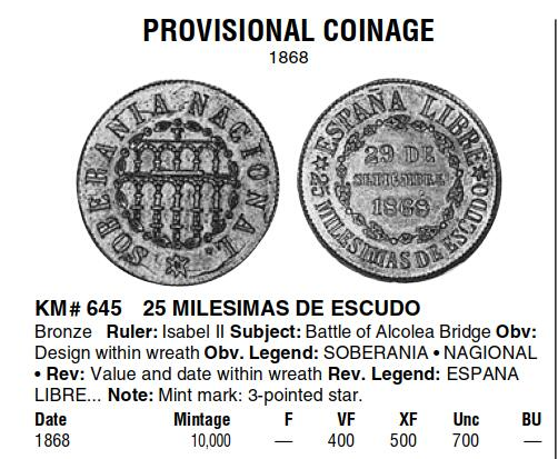 凡希社世界钱币微拍第九十三期 稀！1868西班牙临时政府25M铜NGC-MS62