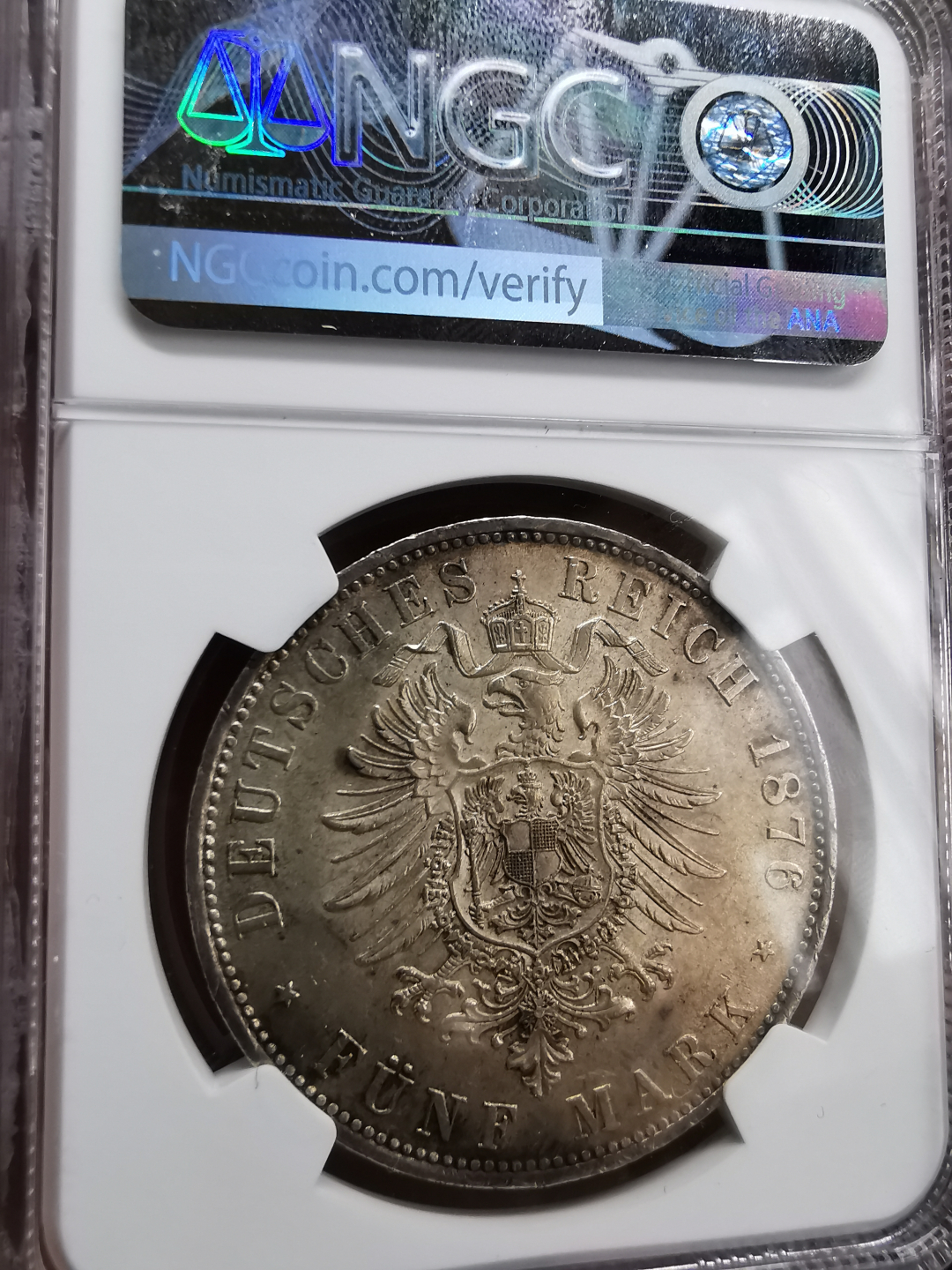 凡希社世界钱币微拍第九十三期 荐！1876D巴伐利亚短翅5马克NGC-MS62