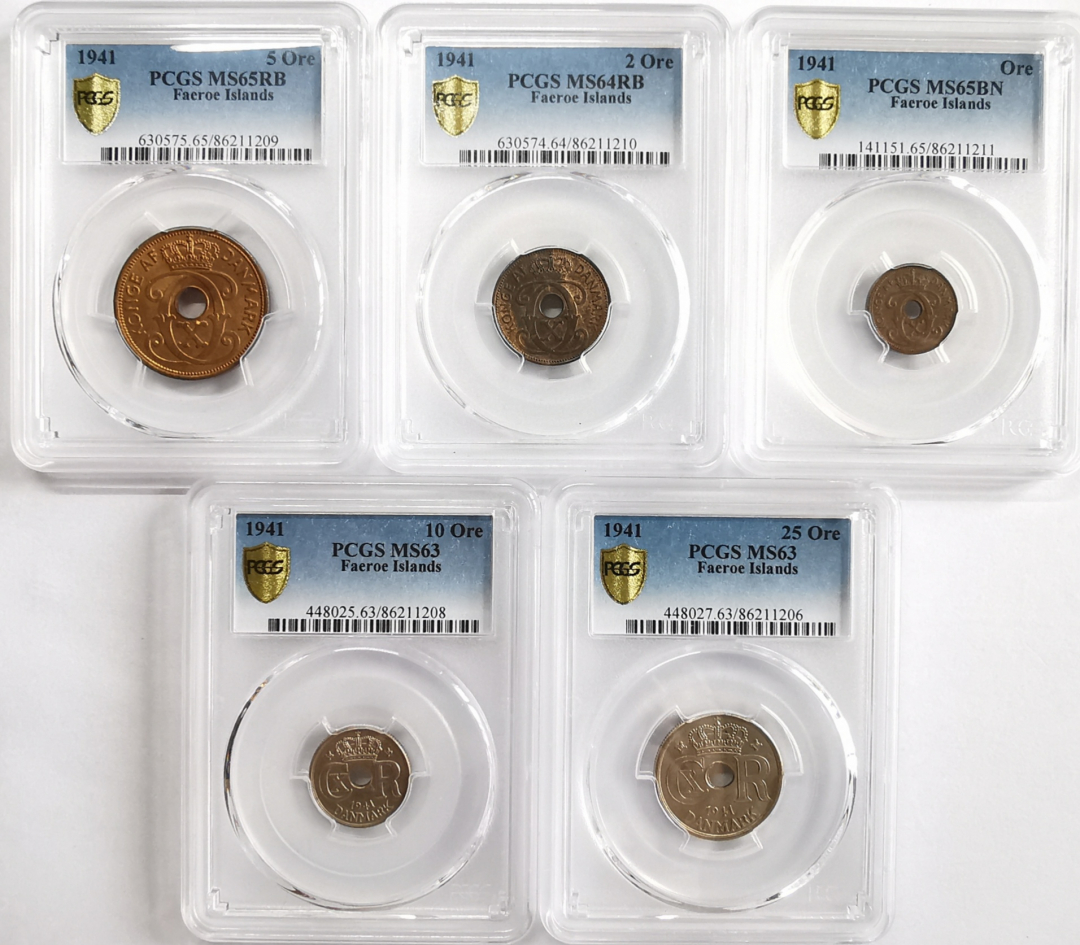 凡希社世界钱币微拍第九十三期 稀！1941法罗群岛五枚套PCGS-MS63/65三枚铜币最高分