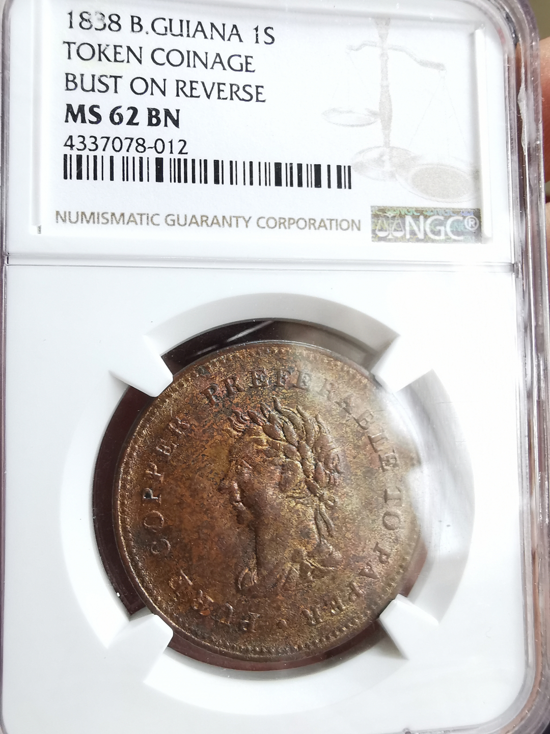 凡希社世界钱币微拍第九十三期 荐！1838英属圭亚那代用先令NGC-MS62原铜光