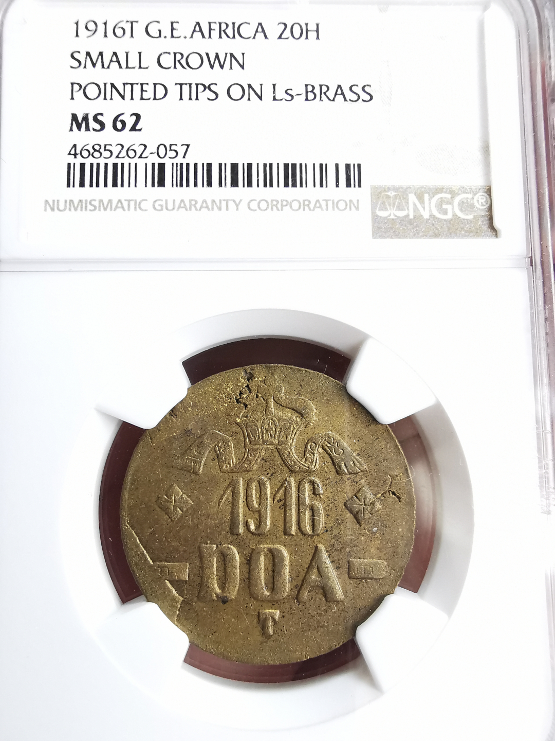 凡希社世界钱币微拍第九十三期 1916T徳属东非20H一战炮弹币NGC-MS62小皇冠