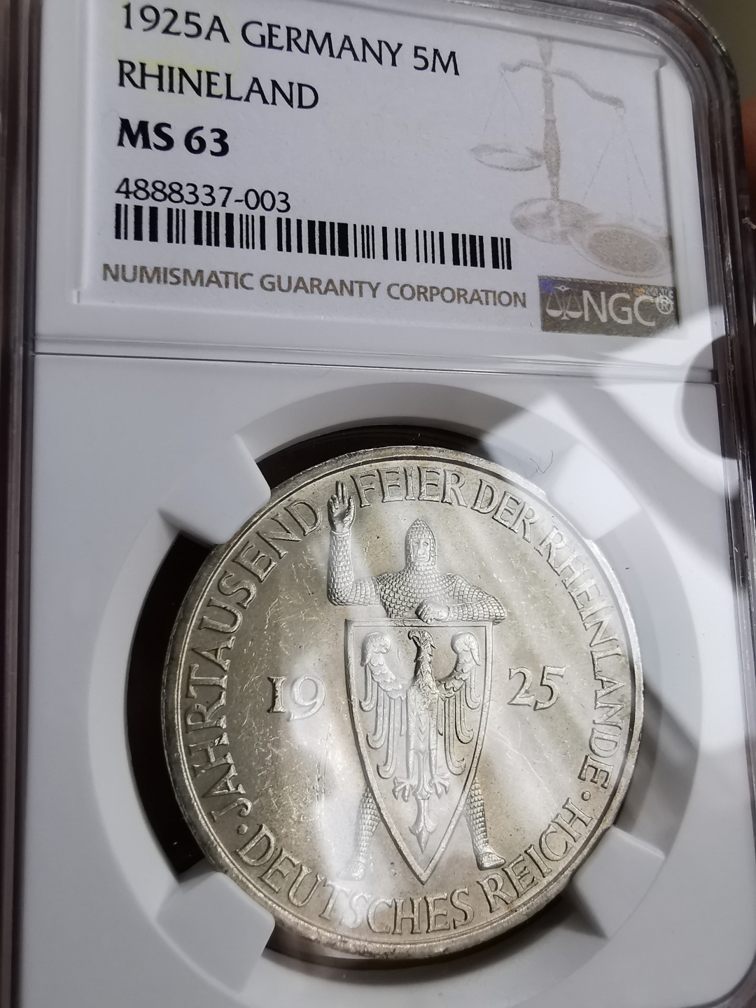 凡希社世界钱币微拍第九十三期 1925A魏玛莱茵兰5马克NGC-MS63