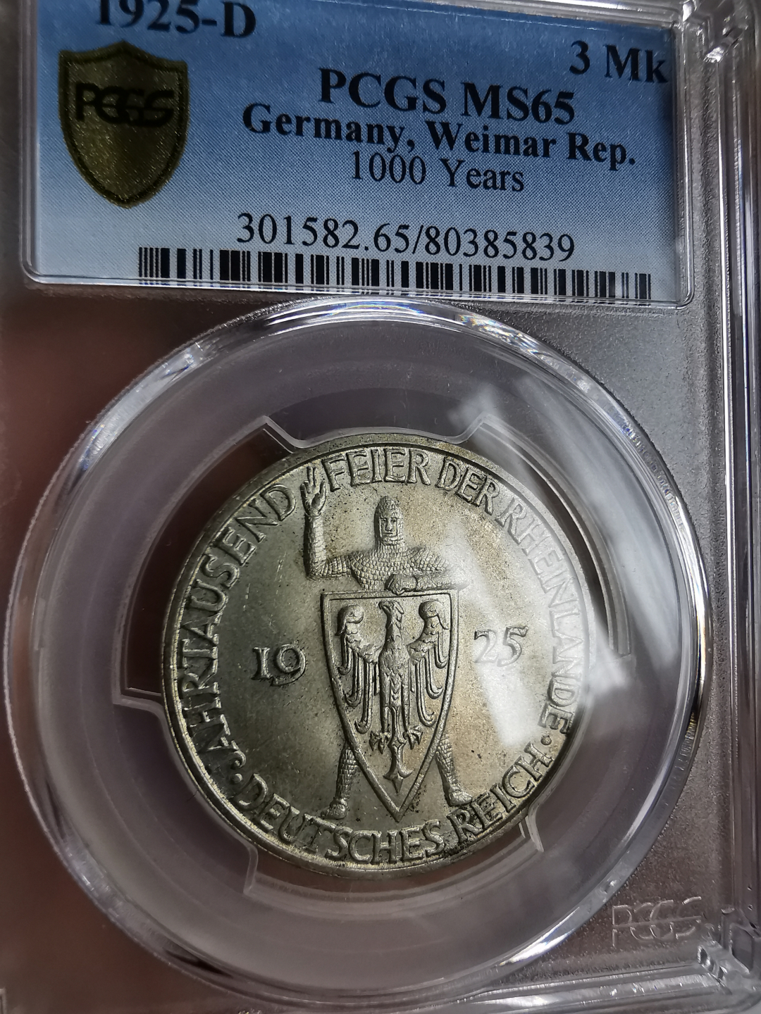凡希社世界钱币微拍第九十三期 1925D魏玛莱茵兰3马克PCGS-MS65