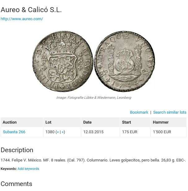 凡希社世界钱币微拍第九十三期 稀！1744墨西哥菲力五世地球双柱NGC-MS62罕见品