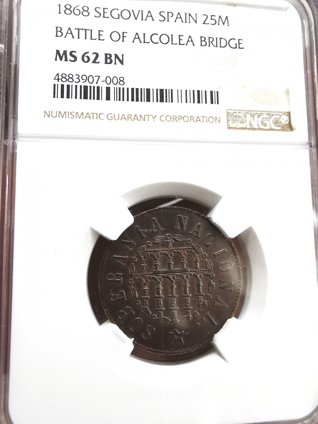 凡希社世界钱币微拍第九十三期 稀！1868西班牙临时政府25M铜NGC-MS62