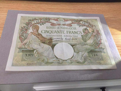 【Blue Auction】世界纸币精拍第十三期 - 法属马达加斯加 1937年 50法郎 P38 AU品相 精美 较稀少