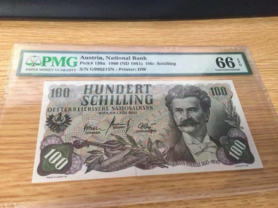 【Blue Auction】世界纸币精拍第十三期 - 奥地利 1960年 100先令 PMG66EPQ  p138a 音乐家施特劳斯  