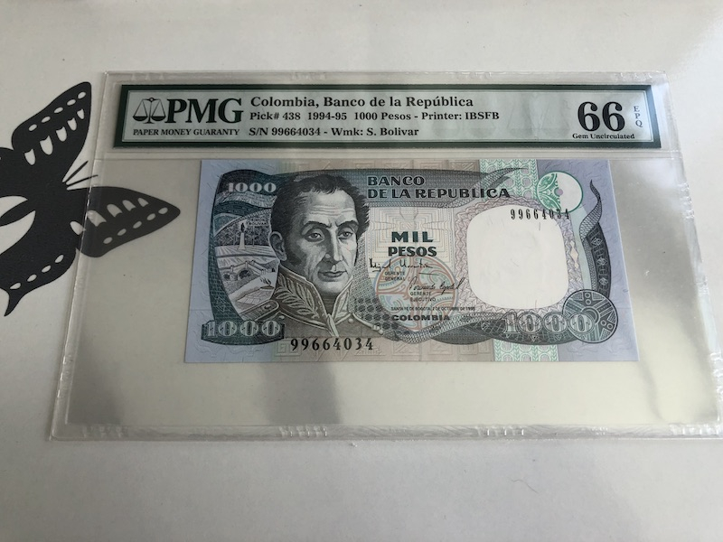 收藏联盟第九十三期拍卖 1994-95 哥伦比亚1000比索 PMG66E
