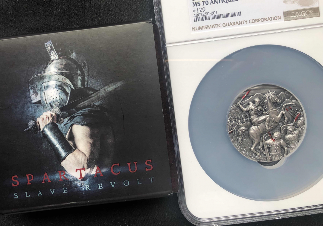 【币观天下】第七十六期拍卖 【纽埃】斯巴达克斯2oz仿古高浮雕银币【ngc70】