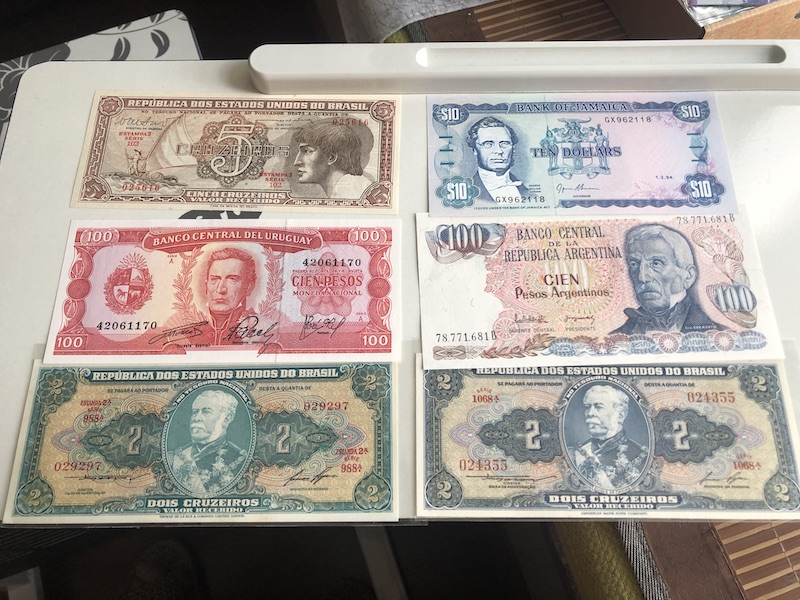 收藏联盟第九十三期拍卖 乌拉圭，巴西，阿根廷，牙买加裸钞UNC六张