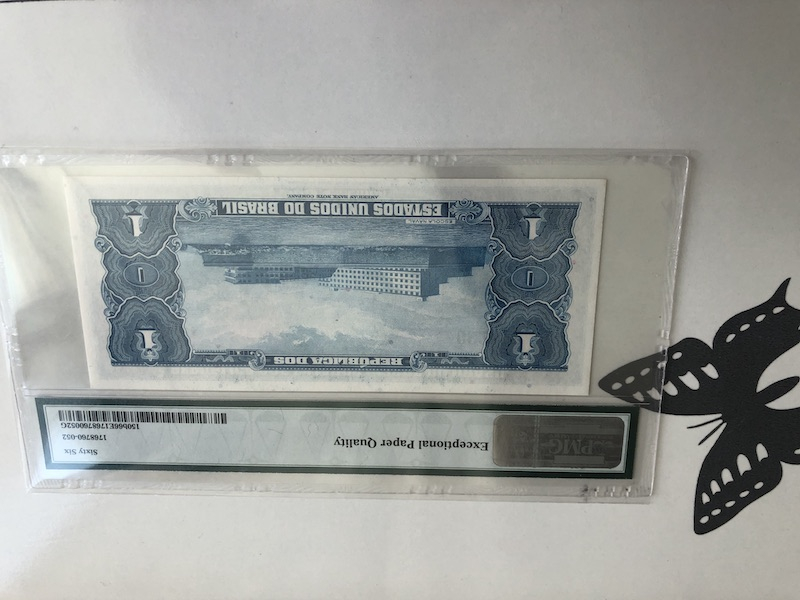 收藏联盟第九十三期拍卖 巴西1克鲁赛罗纸币 1954-58年老版钞 PMG66E