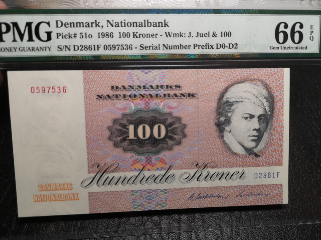 《外钞收藏家》第七十一期拍卖 丹麦1986年100克朗 漂亮蛾子 pmg66