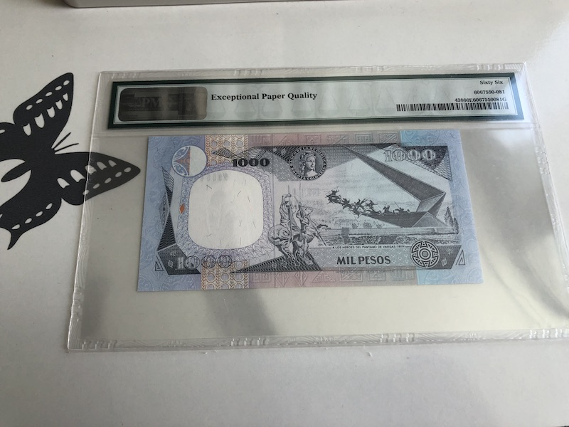 收藏联盟第九十三期拍卖 1994-95 哥伦比亚1000比索 PMG66E