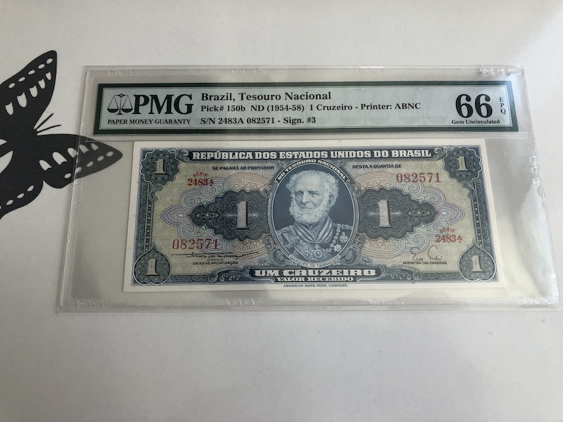 收藏联盟第九十三期拍卖 巴西1克鲁赛罗纸币 1954-58年老版钞 PMG66E