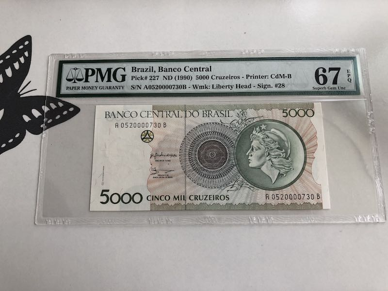 收藏联盟第九十三期拍卖 1990年巴西5000克鲁塞罗 PMG67E