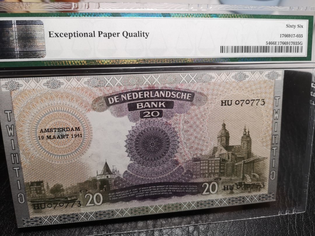 《外钞收藏家》第七十一期拍卖 1941年荷兰20盾 老奶奶 精美雕刻 pmg66