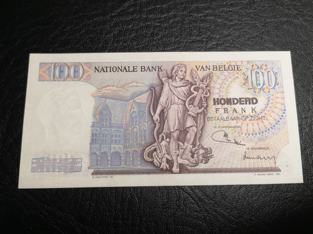 《外钞收藏家》第七十一期拍卖 比利时1974年100法郎 全新unc  雕刻精美